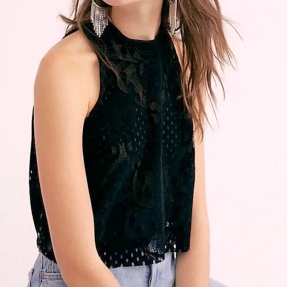 Free People Walk This Way Black Lace Hi Neck Velvet Crop Top - xs